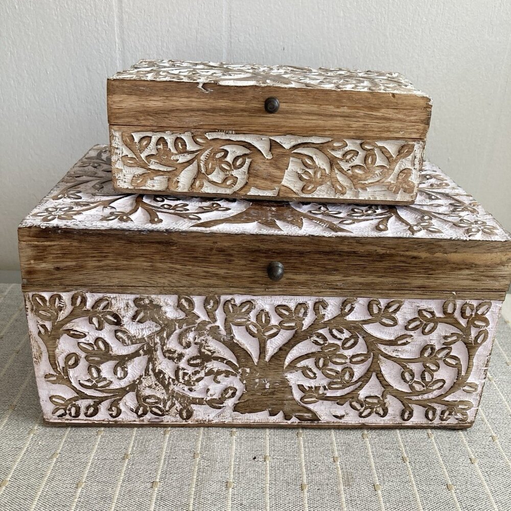Handcarved Indian White Wash Wood Trinket Jewelry Box Tree Of Life Set Of 2